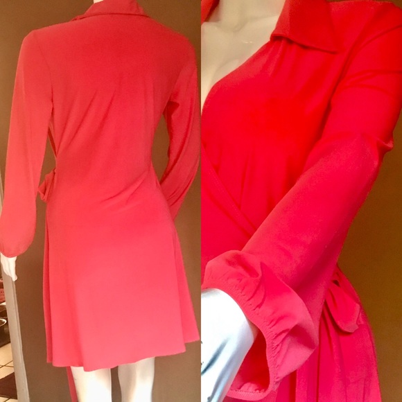 Women's Long-Sleeve Full Wrap Dress in Coral - Picture 2 of 8